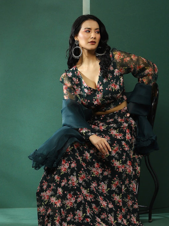 AKS Floral Printed Ready to Wear Lehenga & Blouse With Dupatta