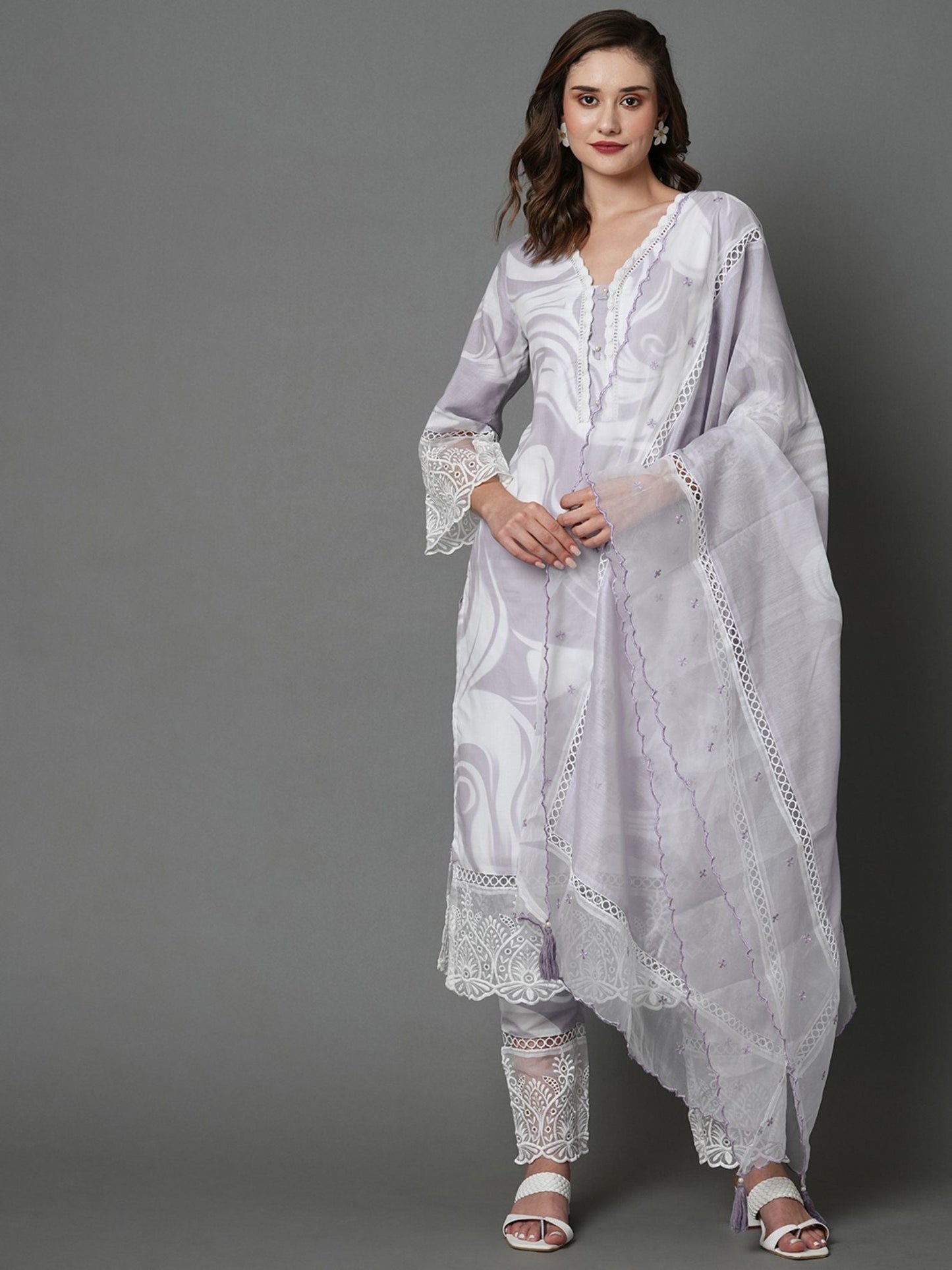 Heeposh Beautiful Marbel Print Kurta with Detailing & Printed Chanderi Dupatta (Set of 3)