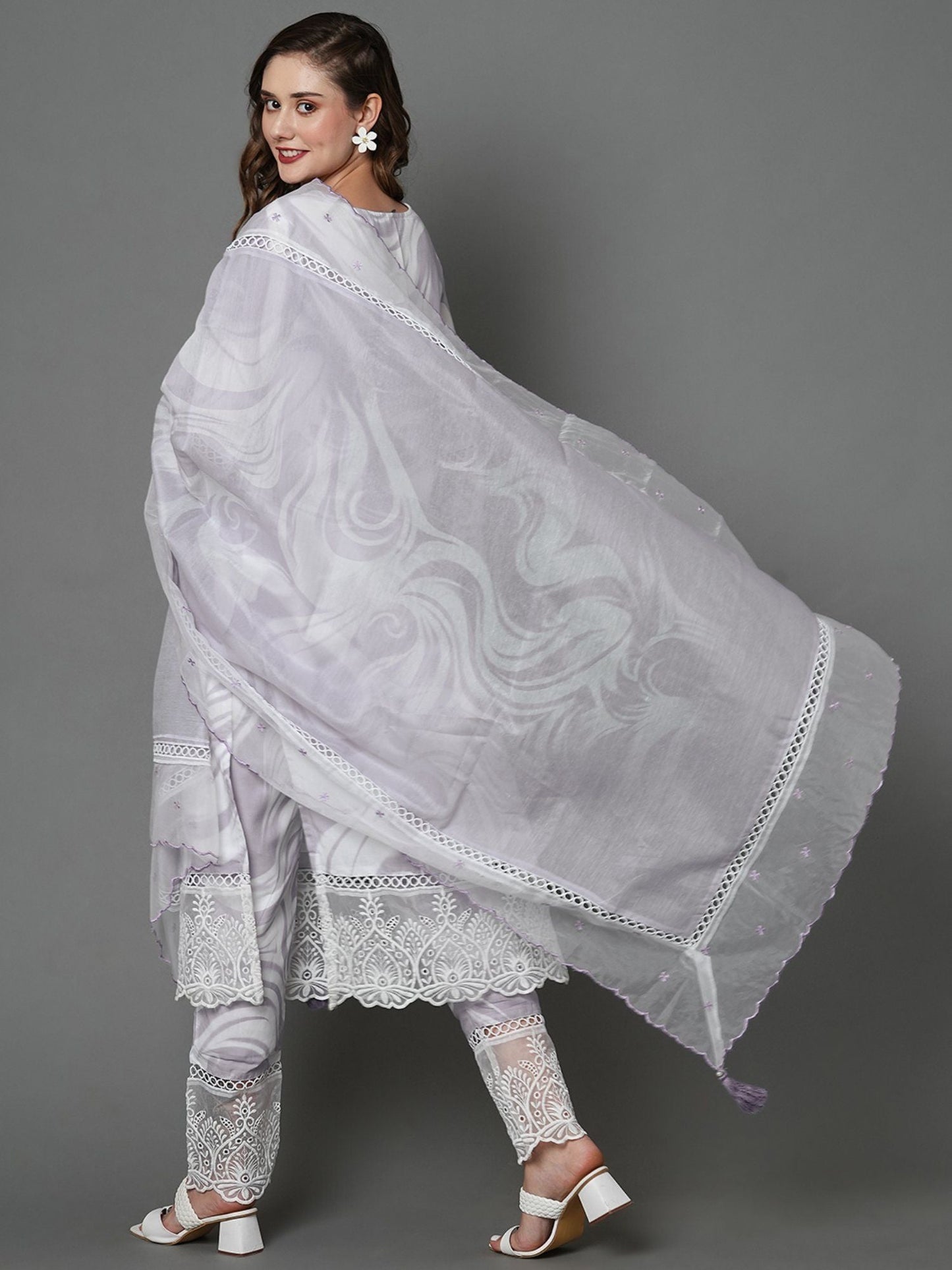 Heeposh Beautiful Marbel Print Kurta with Detailing & Printed Chanderi Dupatta (Set of 3)