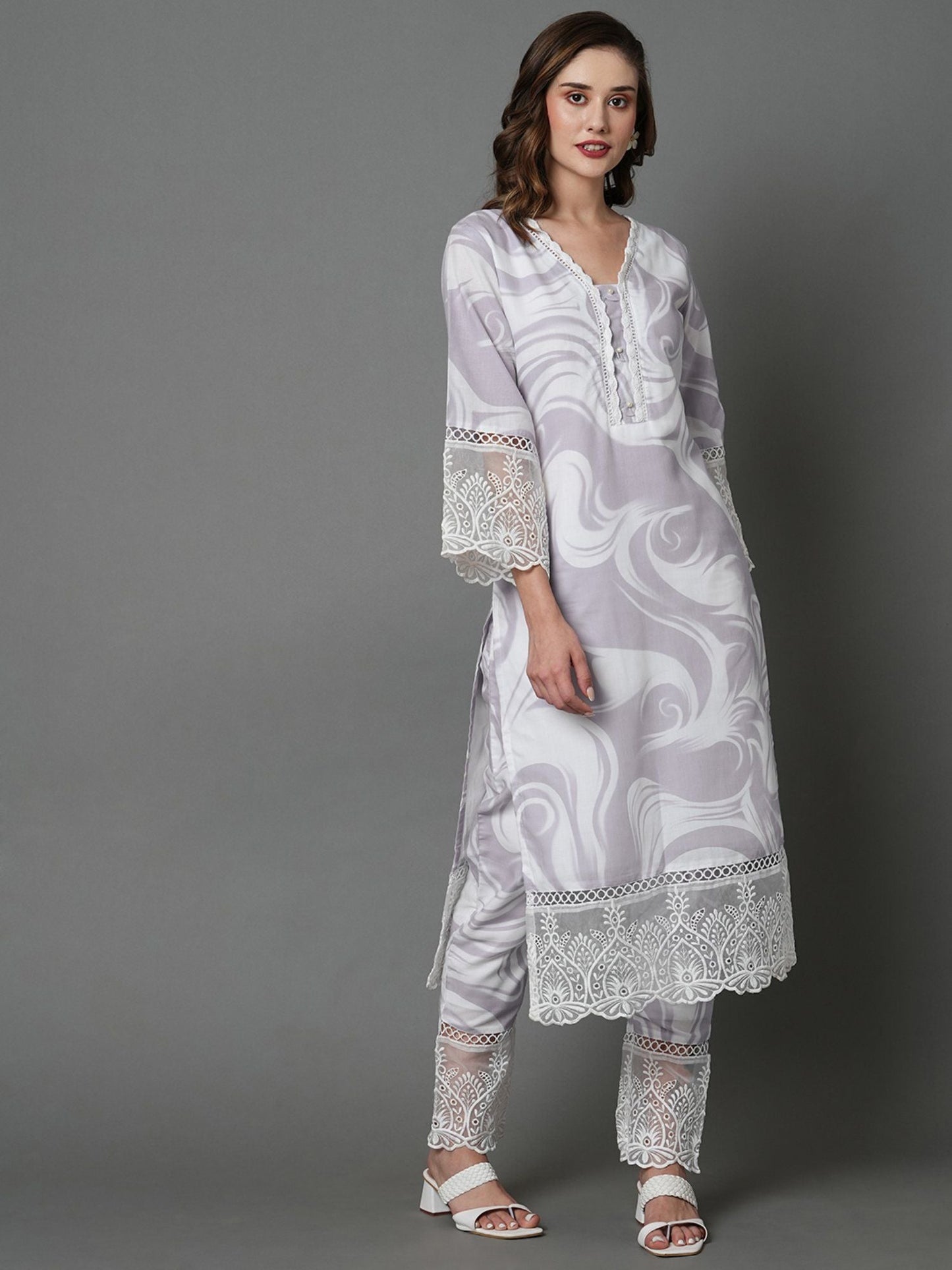 Heeposh Beautiful Marbel Print Kurta with Detailing & Printed Chanderi Dupatta (Set of 3)