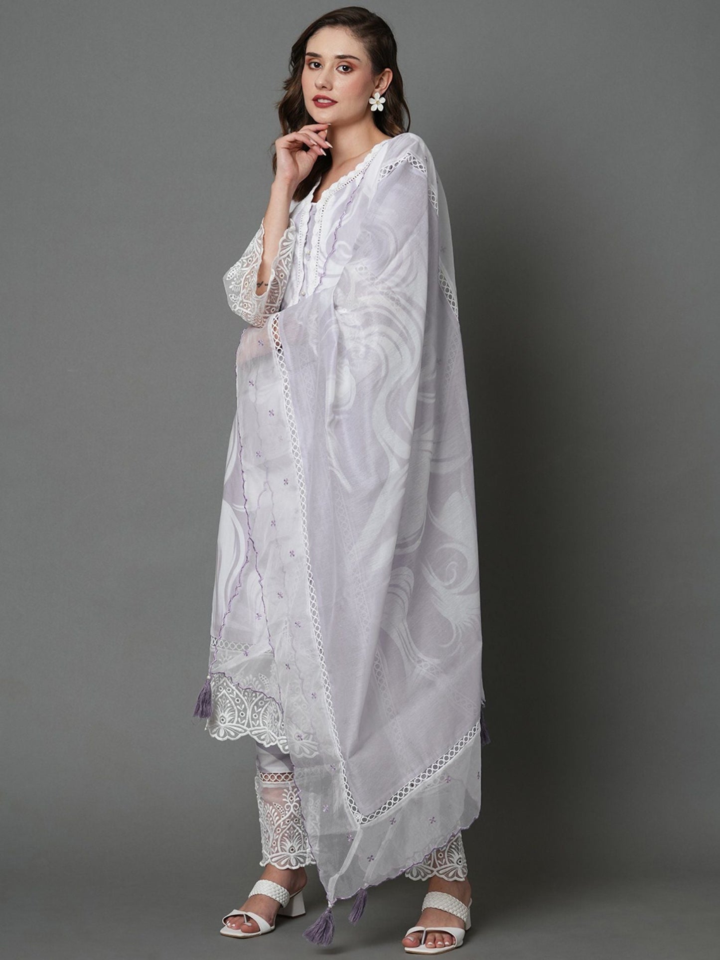 Heeposh Beautiful Marbel Print Kurta with Detailing & Printed Chanderi Dupatta (Set of 3)