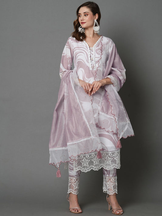 Heeposh Beautiful Marbel Print Kurta with Detailing & Printed Chanderi Dupatta (Set of 3)