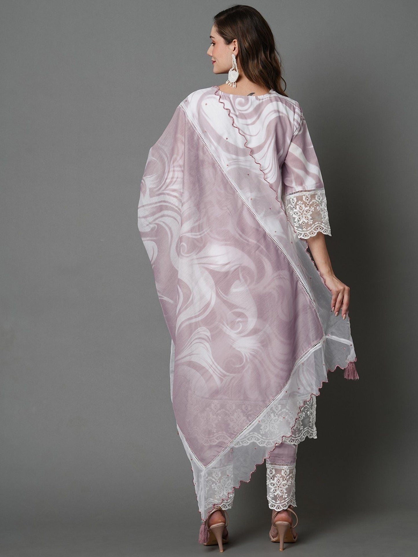 Heeposh Beautiful Marbel Print Kurta with Detailing & Printed Chanderi Dupatta (Set of 3)