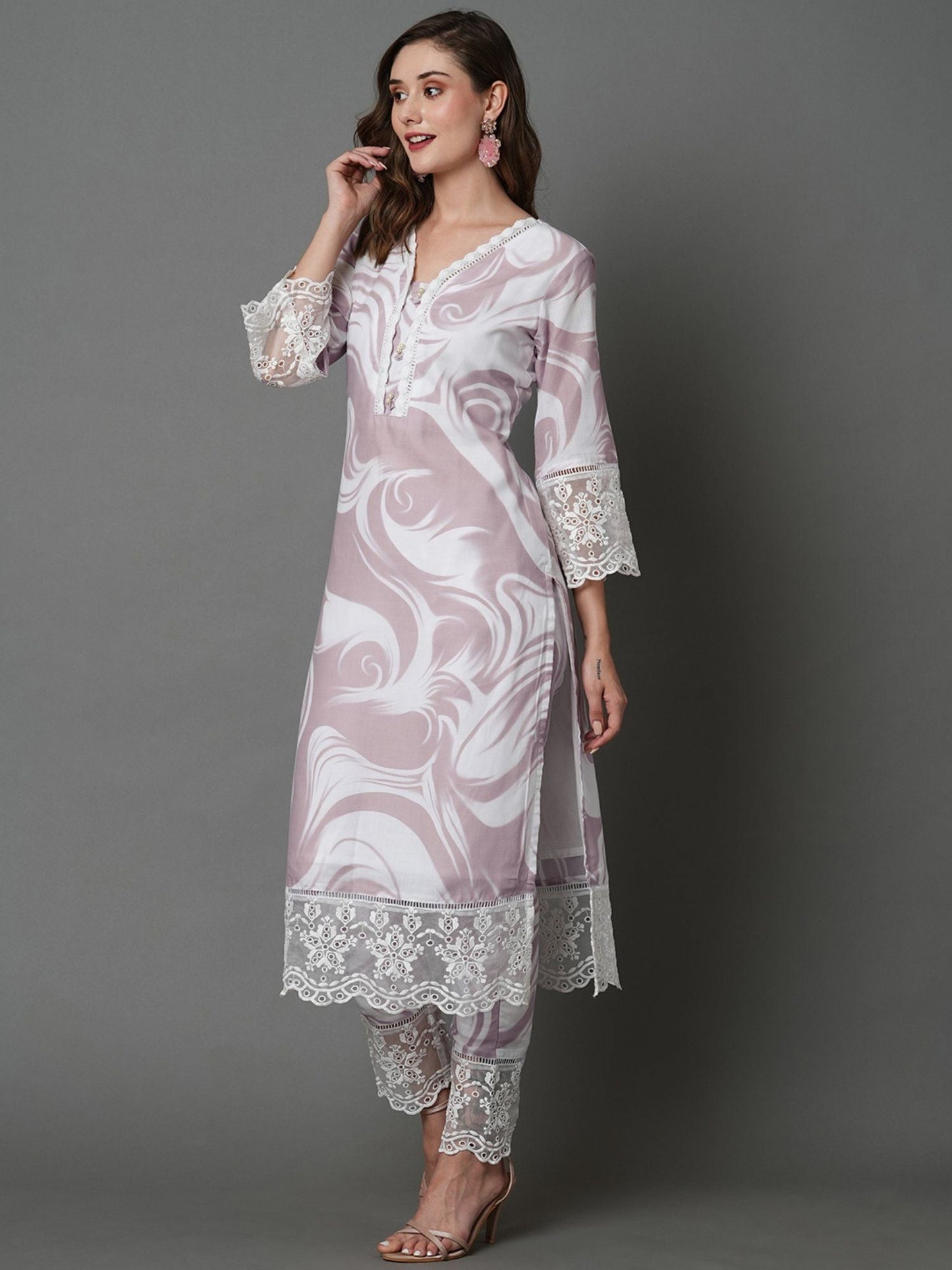 Heeposh Beautiful Marbel Print Kurta with Detailing & Printed Chanderi Dupatta (Set of 3)