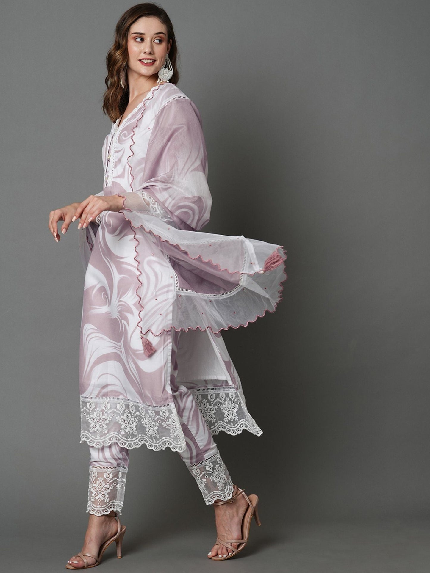 Heeposh Beautiful Marbel Print Kurta with Detailing & Printed Chanderi Dupatta (Set of 3)