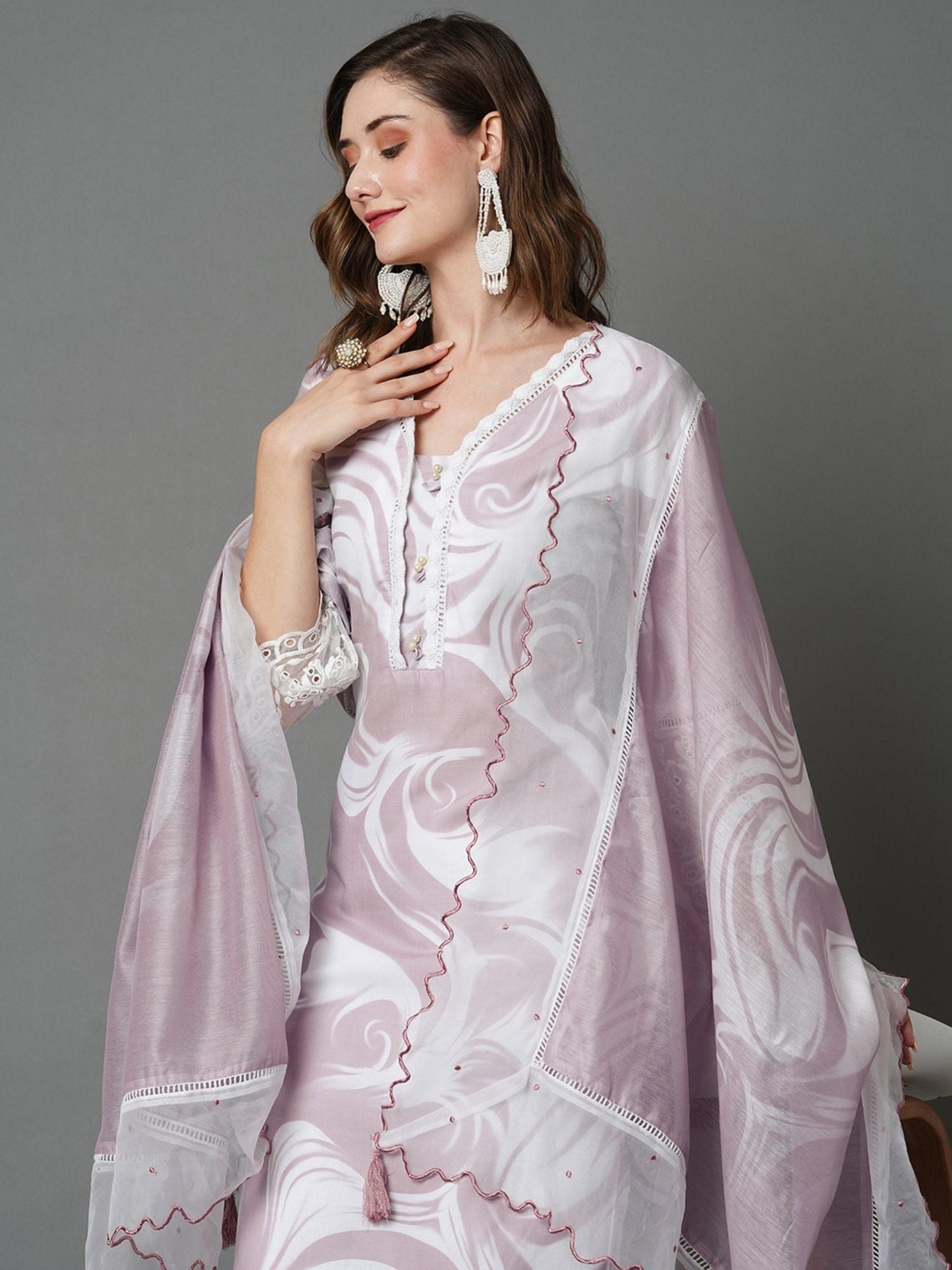 Heeposh Beautiful Marbel Print Kurta with Detailing & Printed Chanderi Dupatta (Set of 3)