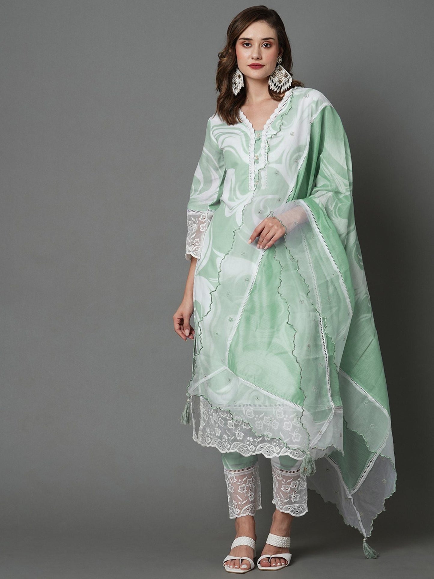 Heeposh Beautiful Marbel Print Kurta with Detailing & Printed Chanderi Dupatta (Set of 3)