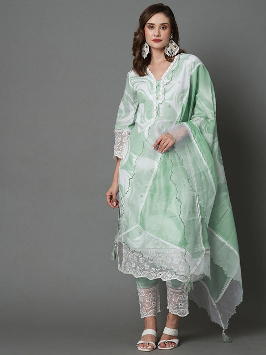 Heeposh Beautiful Marbel Print Kurta with Detailing & Printed Chanderi Dupatta (Set of 3)