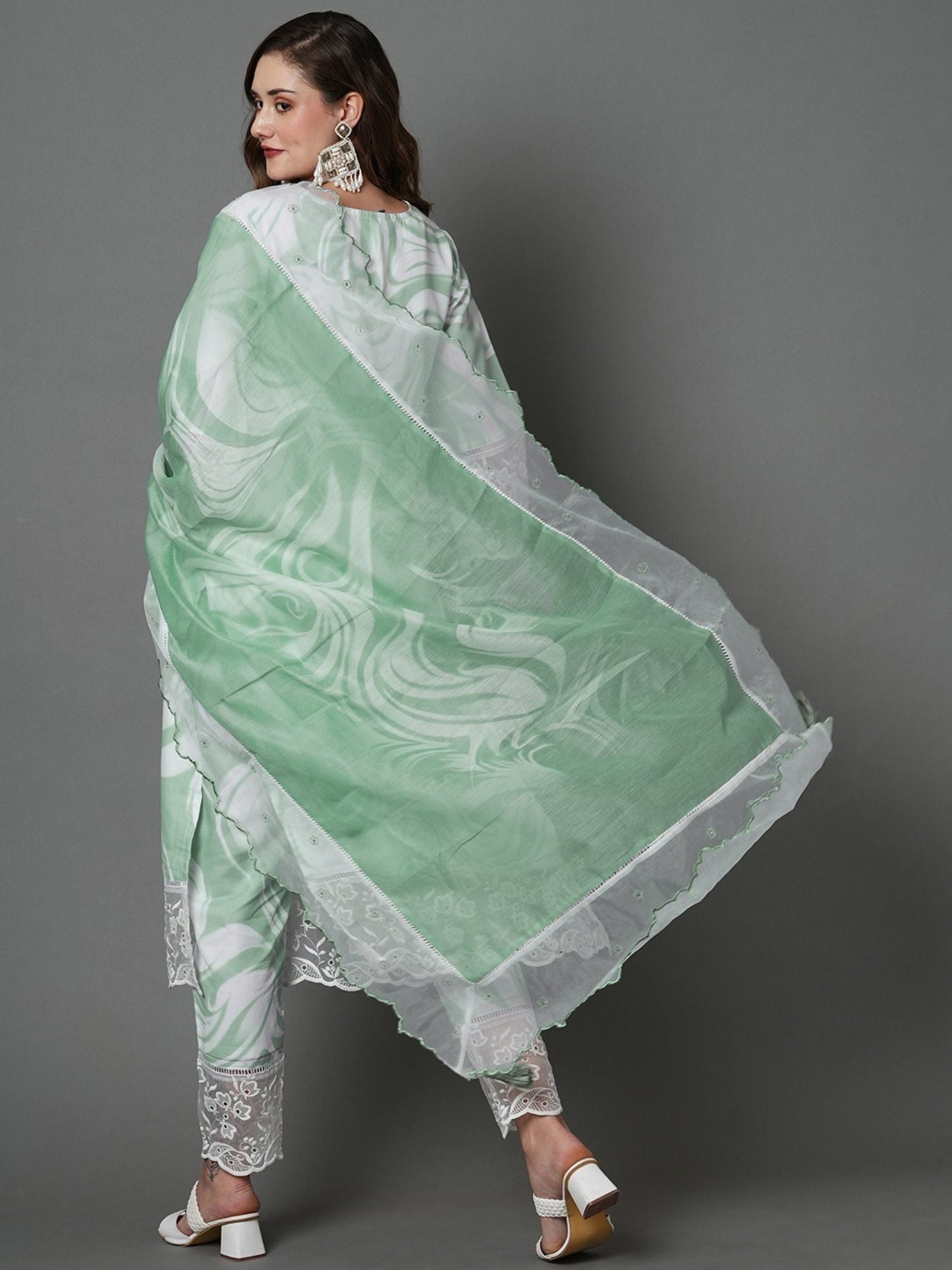 Heeposh Beautiful Marbel Print Kurta with Detailing & Printed Chanderi Dupatta (Set of 3)