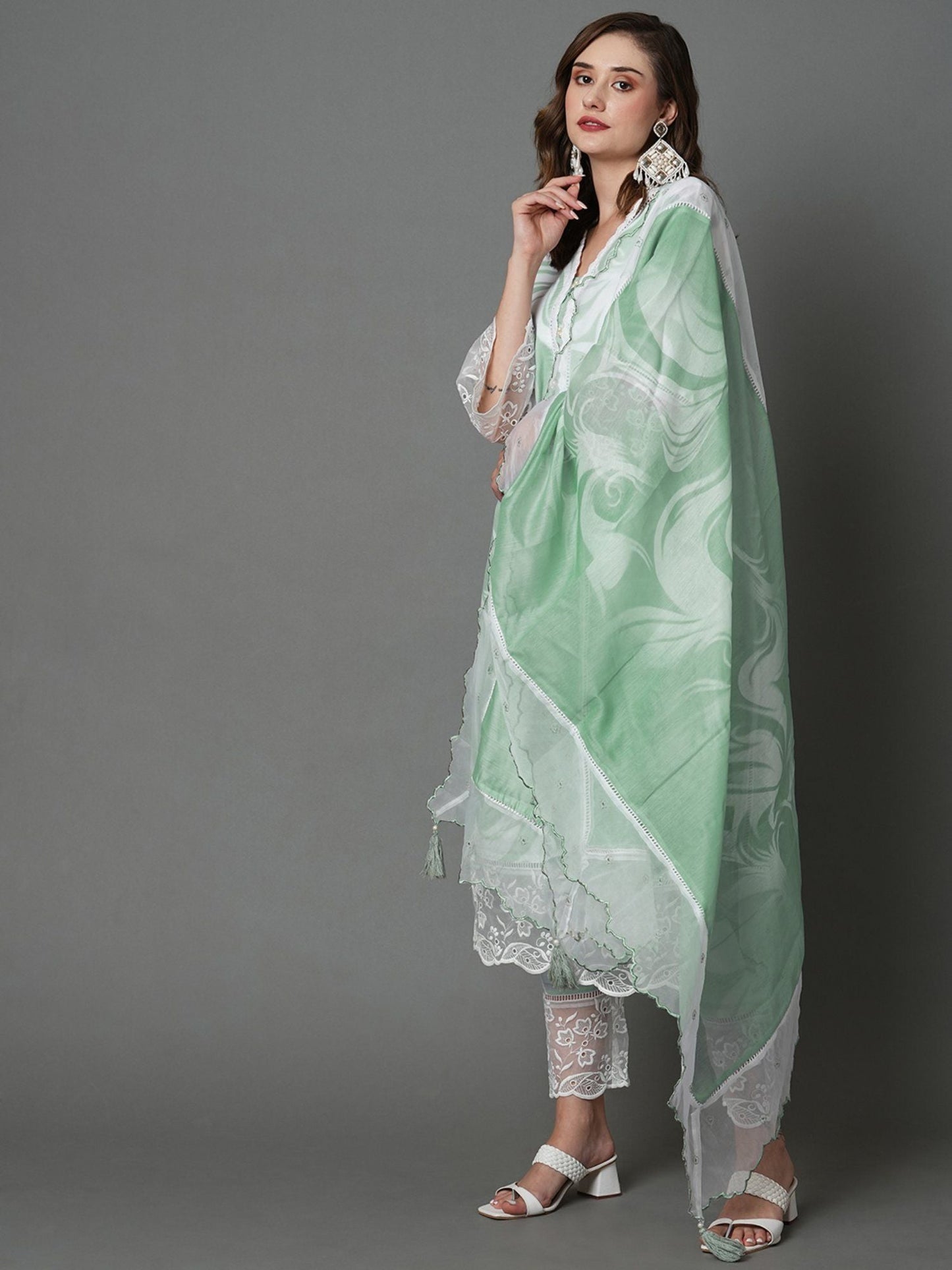 Heeposh Beautiful Marbel Print Kurta with Detailing & Printed Chanderi Dupatta (Set of 3)