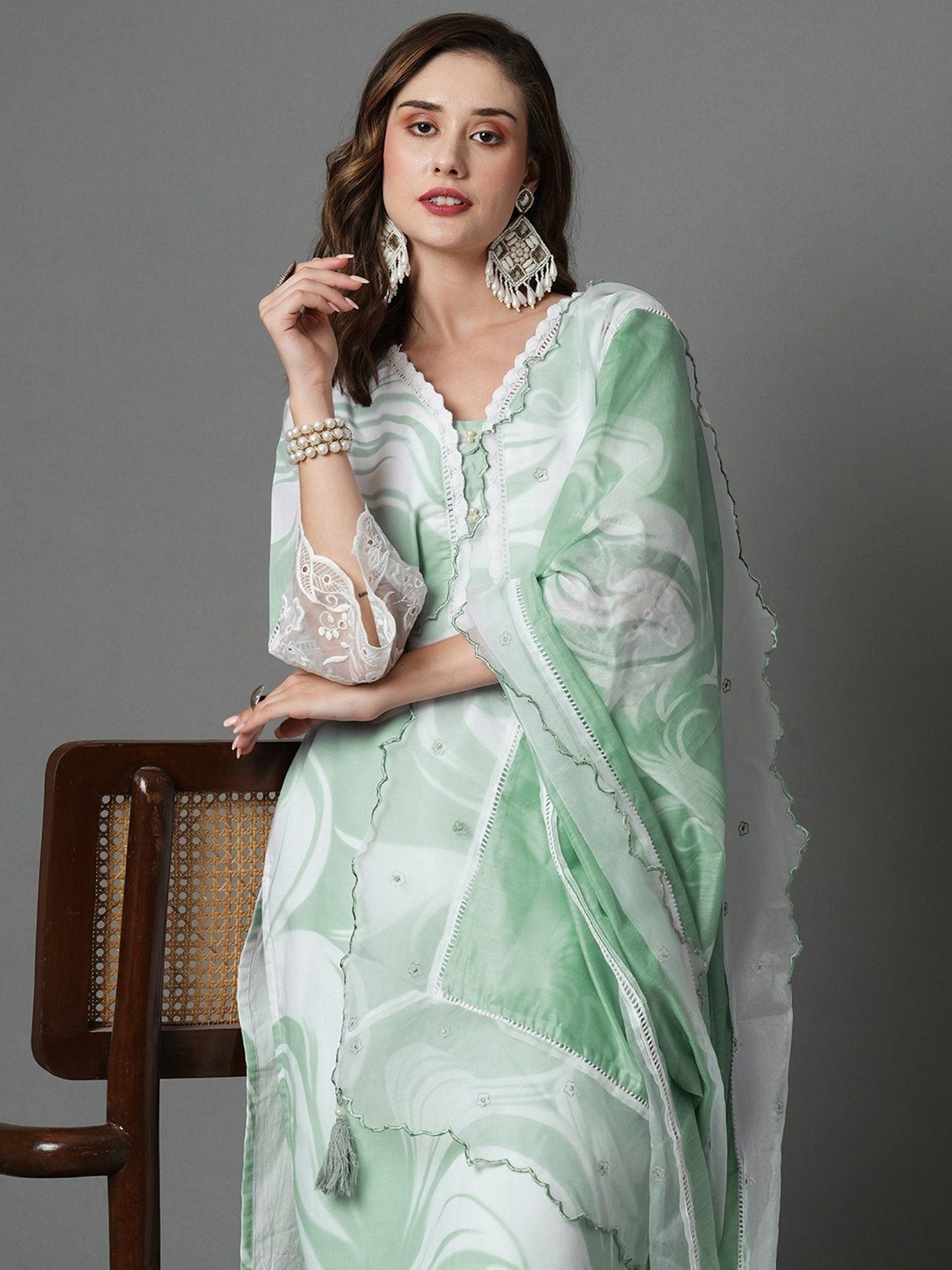 Heeposh Beautiful Marbel Print Kurta with Detailing & Printed Chanderi Dupatta (Set of 3)