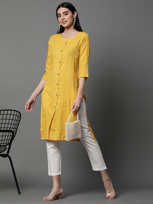 Heeposh Women Solid Straight Kurta with Button Detailing Yellow