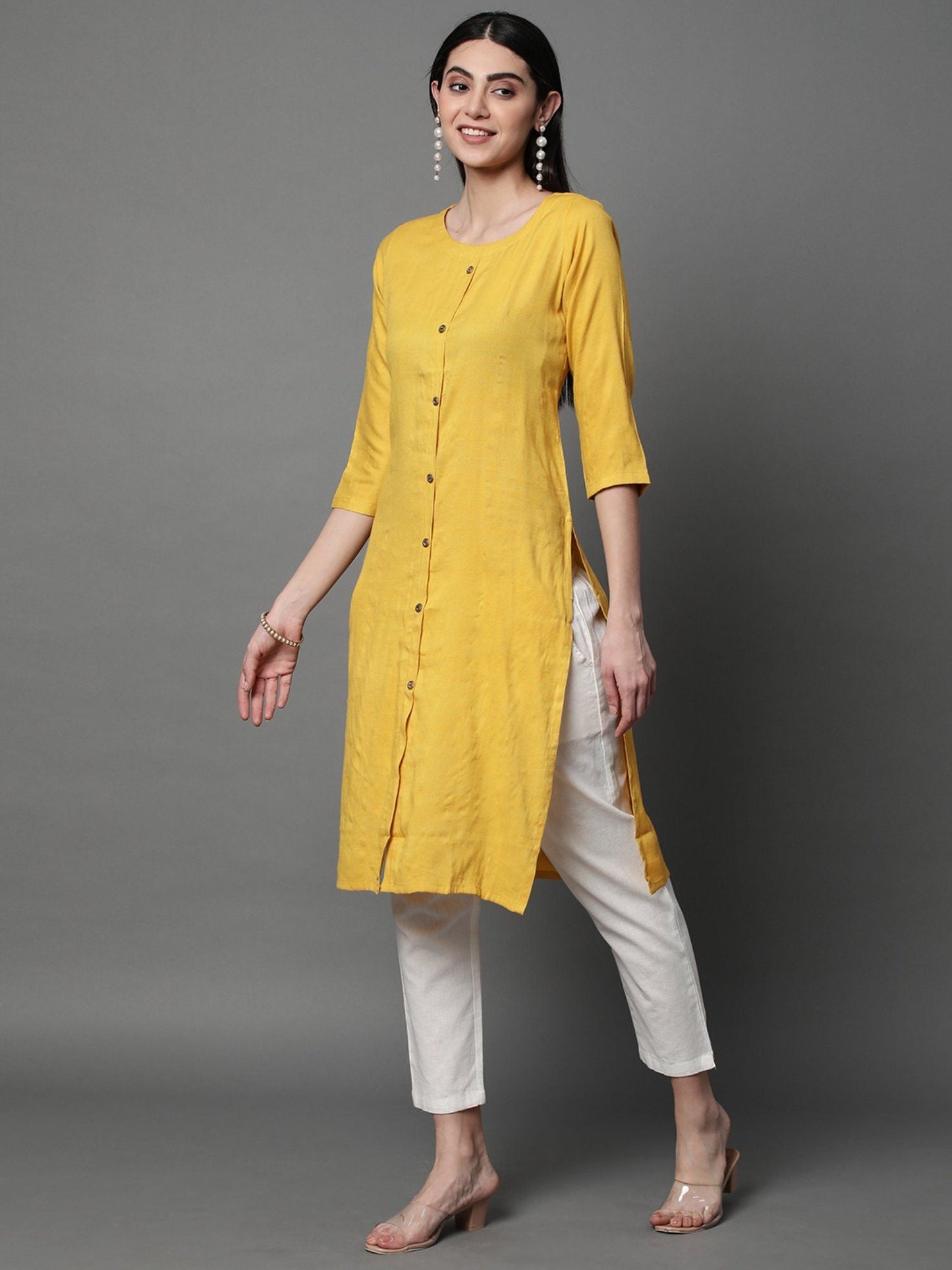 Heeposh Women Solid Straight Kurta with Button Detailing Yellow