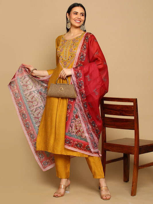 Heeposh Women Embroidered Straight Kurta with Doriya Printed Dupatta (Set of 3)