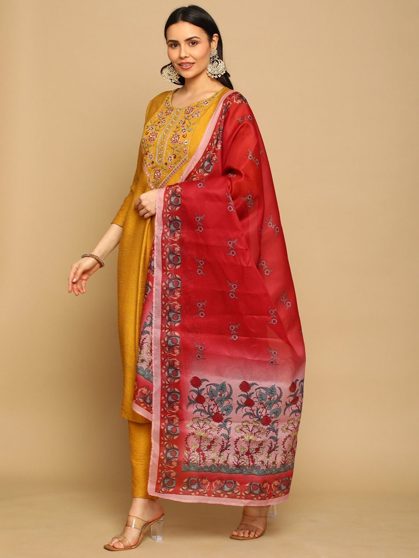 Heeposh Women Embroidered Straight Kurta with Doriya Printed Dupatta (Set of 3)