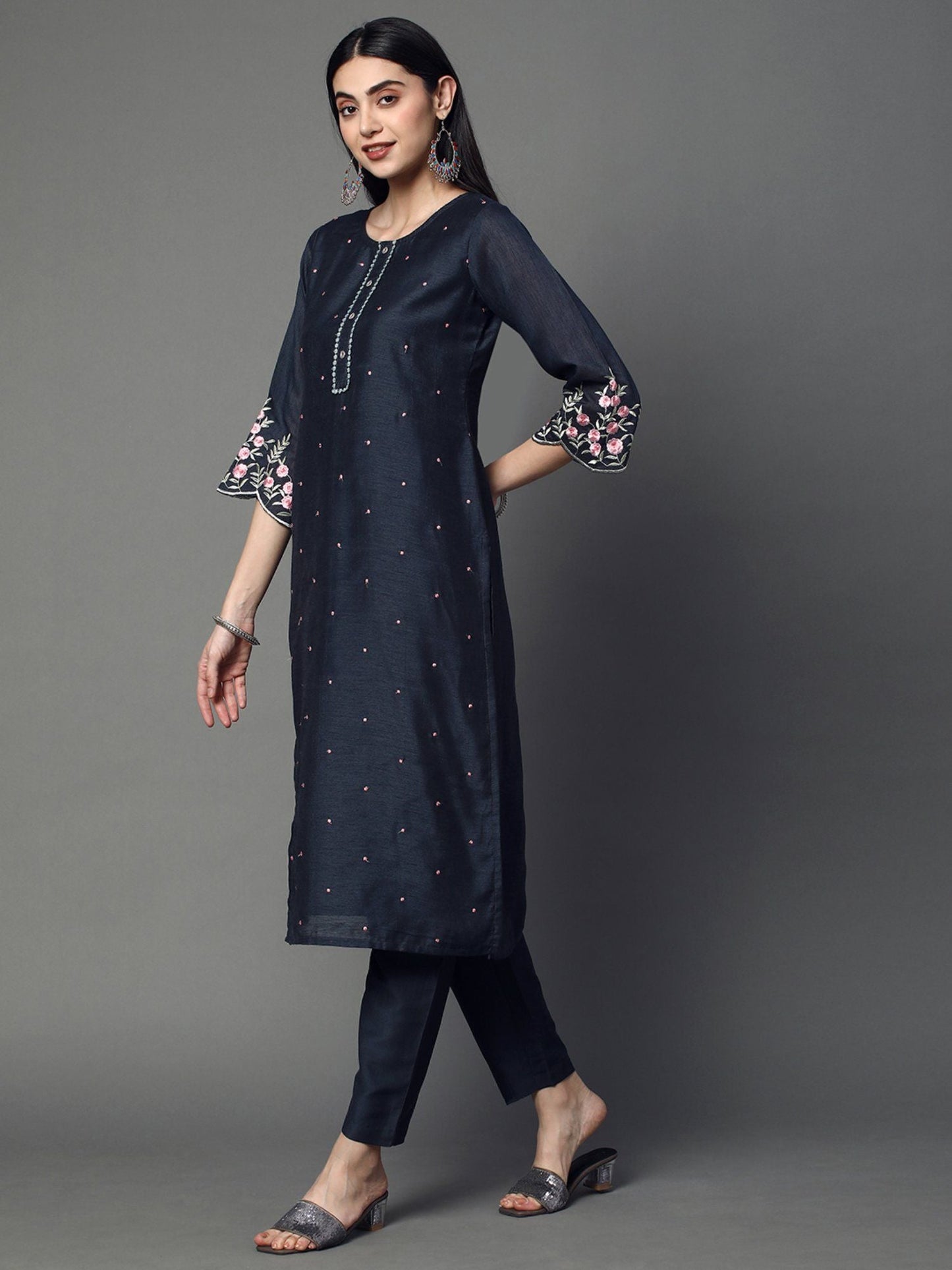 Heeposh Women Chanderi Silk Kurta with Organza Embroidered Dupatta (Set of 3)