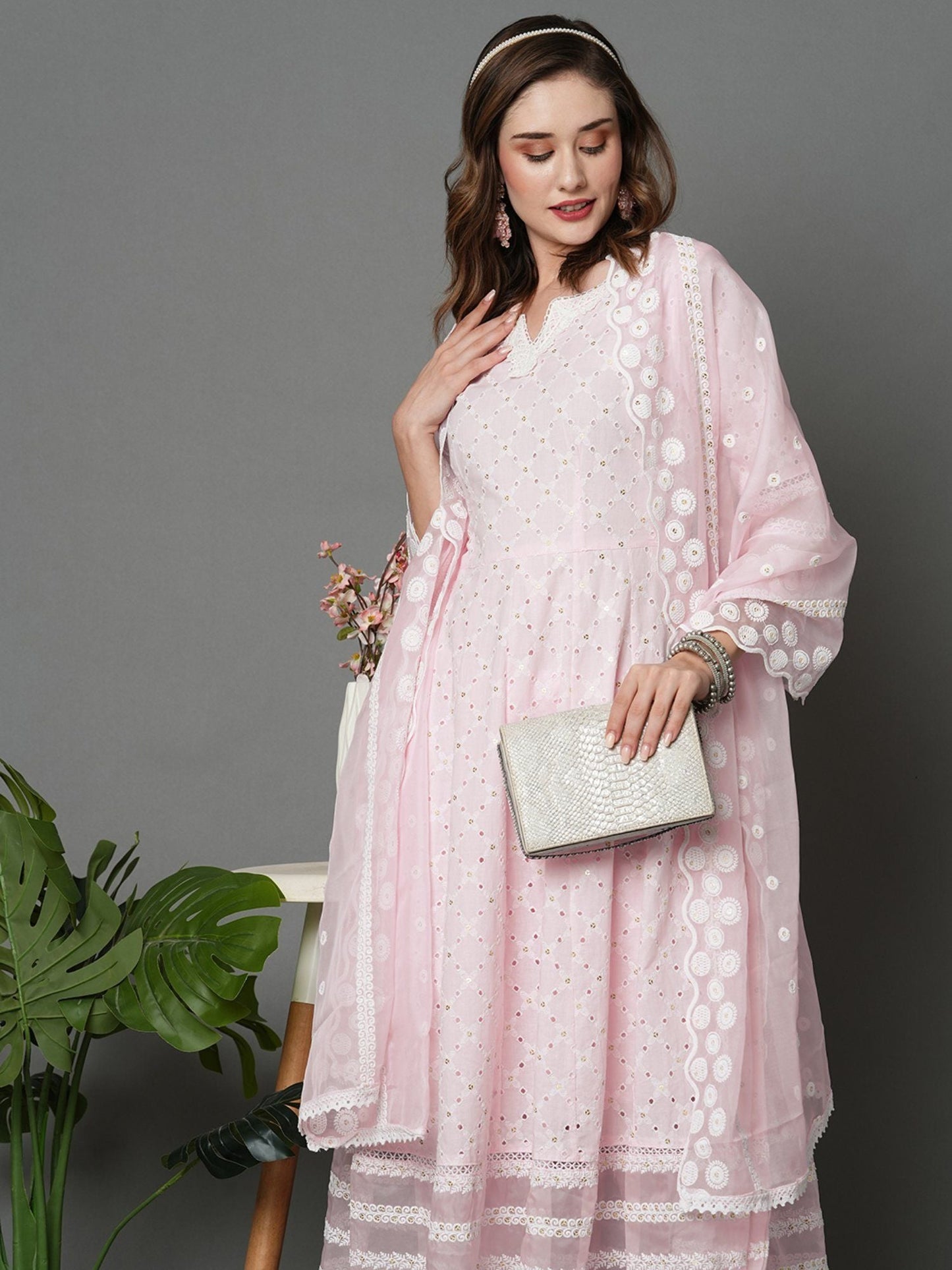 Heeposh Beautiful Schiffli Embroidered Anarkali with Soft Organza Dupatta (Set of 3)