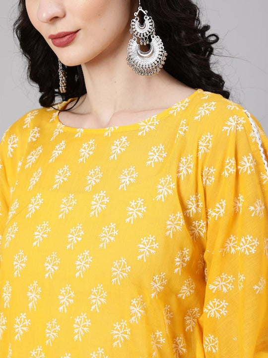 AKS Round Neck Ethnic Motifs Printed Kaftan Slit Sleeve Asymetric Cotton Midi Dress