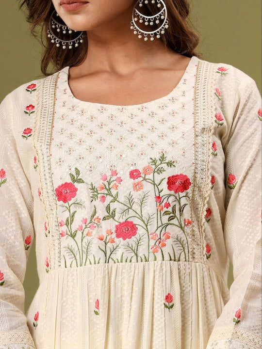 Vishudh Floral Embroidered Empire Pure Cotton Kurta with Trousers & Dupatta
