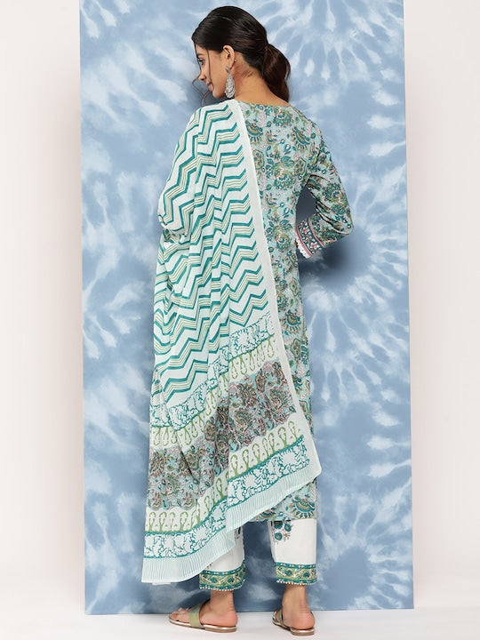 Yufta Floral Block Printed Regular Pure Cotton Kurta With Trousers & Dupatta
