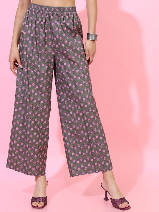 Vishudh Women Grey Floral Printed Pure Cotton Kurta with Palazzos & Dupatta