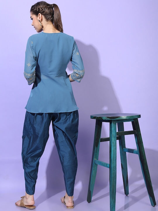 Vishudh Women Teal Ethnic Motifs Embroidered Angrakha Kurti with Dhoti Pants