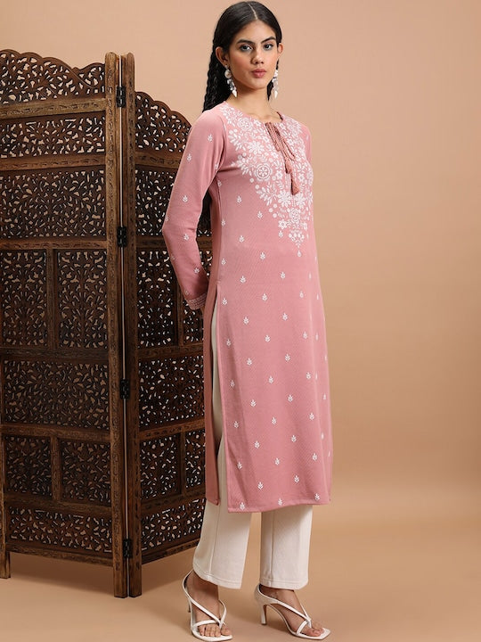 Vishudh Ethnic Motifs Printed Tie-Up Neck Straight Kurta