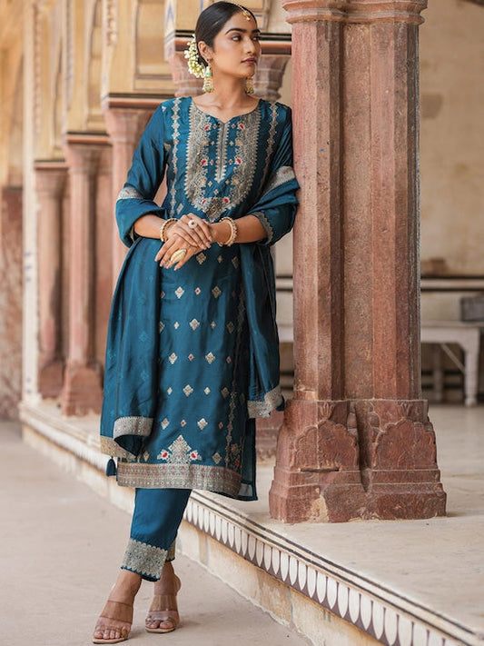 Scakhi Ethnic Motifs Woven Design Regular Kurta With Trousers & Dupatta