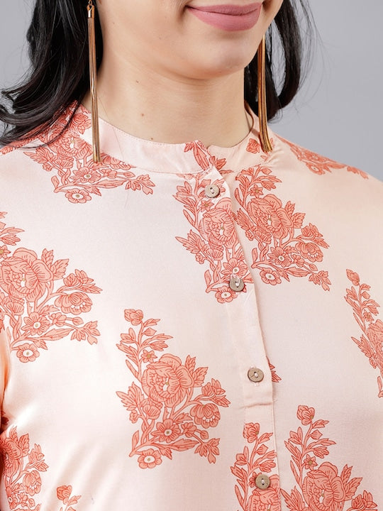 Vishudh Women Peach-Coloured Floral Print Fit and Flare Dress