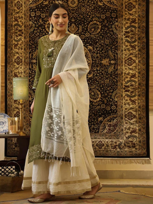 SCAKHI Women Olive Green Floral Embroidered Panelled Kurta with Sharara & With Dupatta