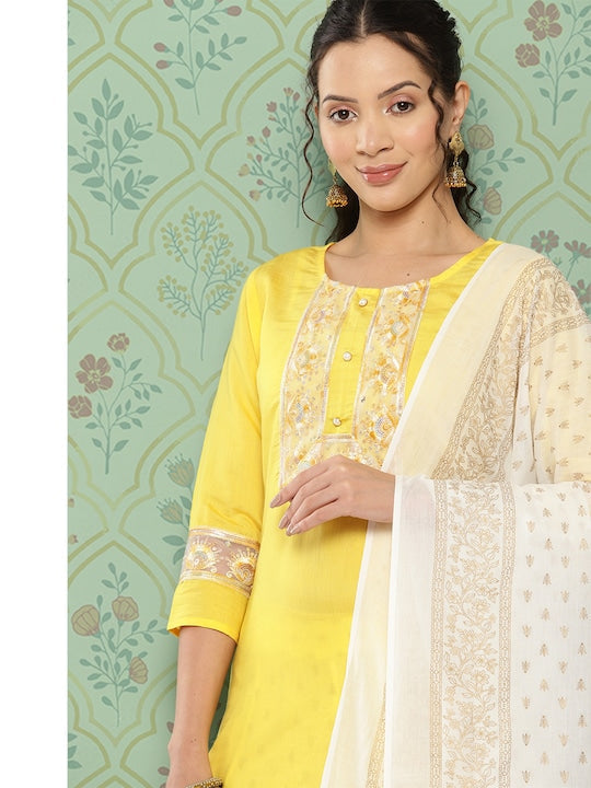 Yufta Women Floral Embroidered Regular Sequinned Kurta with Palazzos & With Dupatta