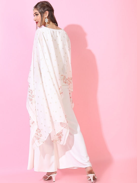 Vishudh Women Off-White Floral Polyester Top with Flared Palazzo