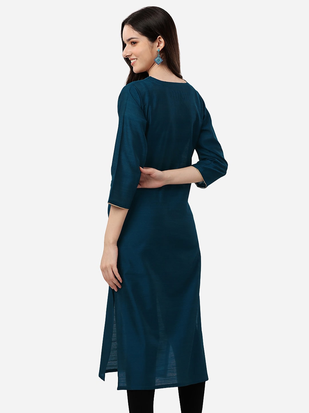 Here&now Women Teal Ethnic Motifs Embroidered Kurta