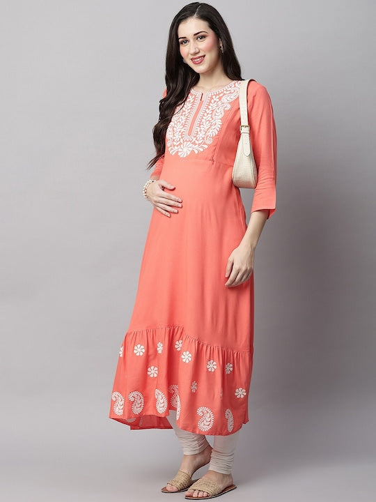 MomToBe Floral Yoke Design Notched Neck Thread Work Maternity Anarkali Kurta