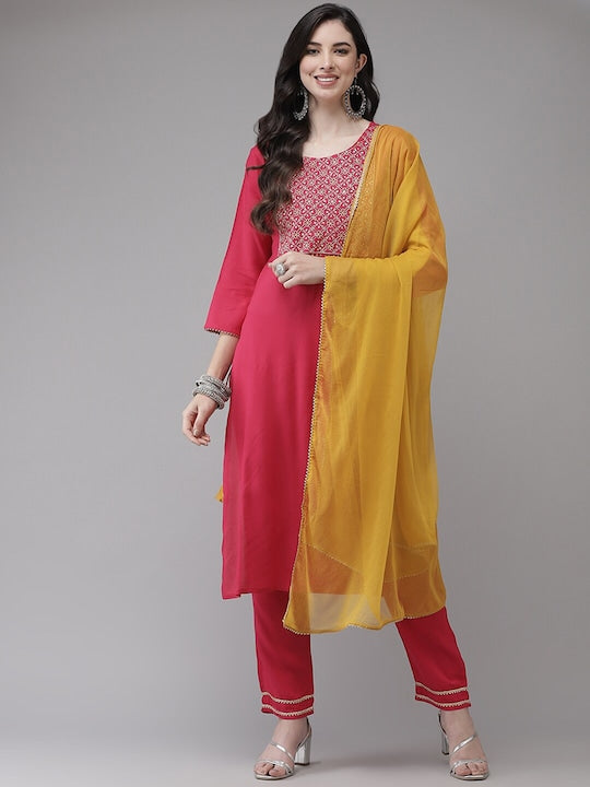 Yufta Women Ethnic Motifs Yoke Design Round Neck Gotta Patti Kurta with Trousers & Dupatta