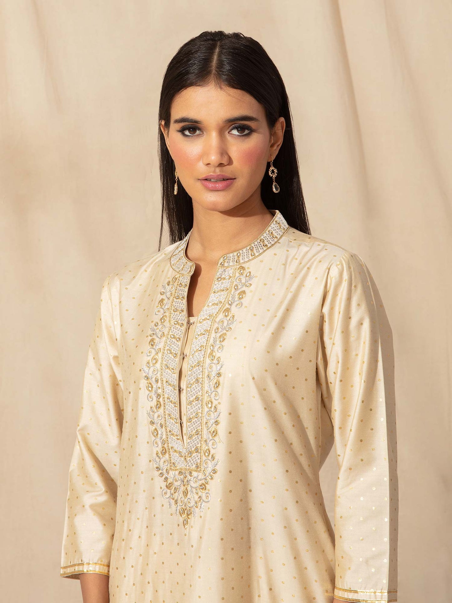Likha Gold foil printed and embroidered Ivory Kurta