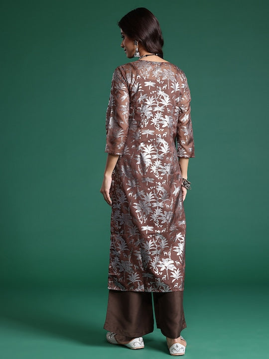Sangria Floral Foil Printed Front Slit Layered Kurta with Trousers