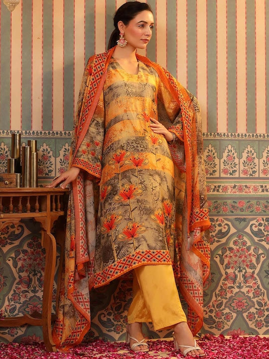 Scakhi Floral Printed Regular Silk Crepe Kurta with Trousers & With Dupatta