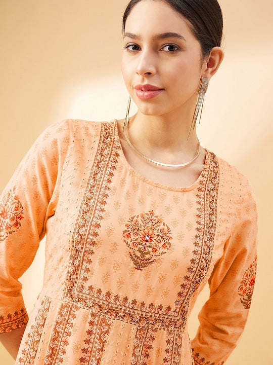 All about you Peach Coloured Ethnic Motifs Printed Round Neck Empire Cotton Midi Dress