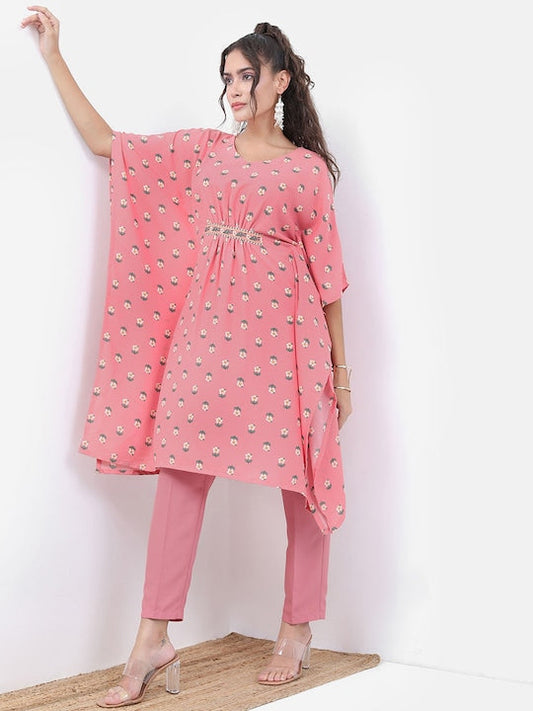 Vishudh Pink Floral Printed V-neck Kaftan With Trouser