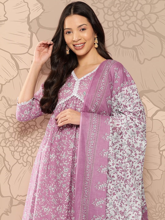Yufta Women Floral Printed Regular Pure Cotton Kurta with Trousers & With Dupatta