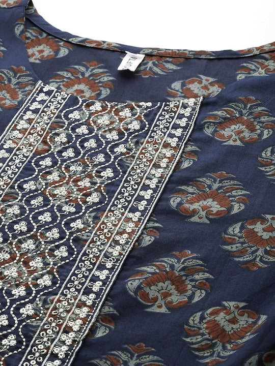 Yufta Ethnic Motifs Printed Sequinned Pure Cotton Kurta with Trousers & Dupatta