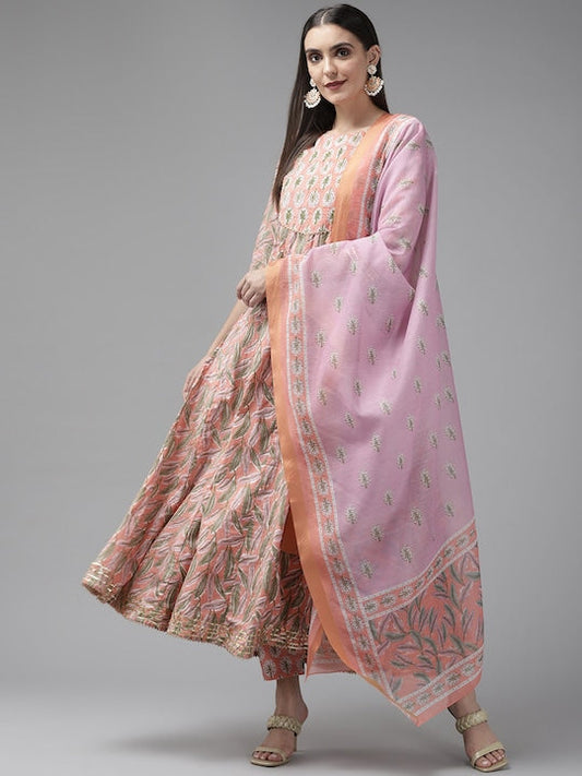 Yufta Women Peach-Coloured Ethnic Motifs Aari Work Pure Cotton Kurta & Trousers & Dupatta