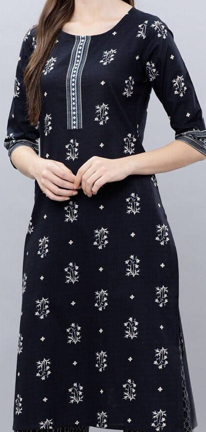 Vishudh Women Navy Blue & Off-White Printed Cotton Kurta with Palazzos