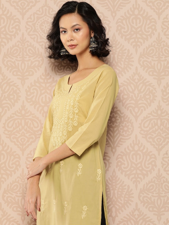 Yufta Floral Embroidered Chikankari Cotton Kurta