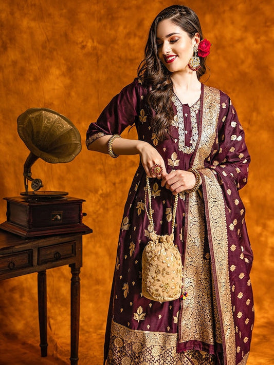 Here&now Ethnic Motifs Woven Design V-Neck Empire Kurta With Trousers & Dupatta