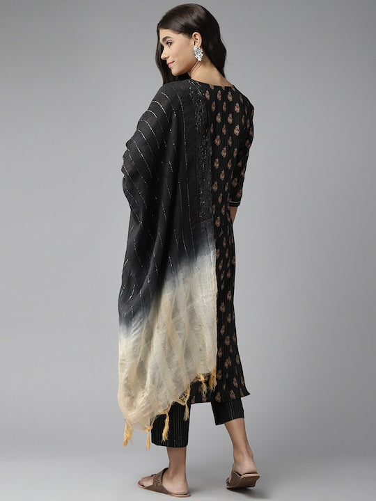 Yufta Women Black Ethnic Motifs Gotta Patti Pure Cotton Kurta with Palazzos & With Dupatta