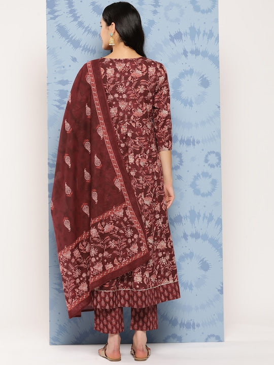 Yufta Floral Printed Regular Aari Work Pure Cotton Kurta with Trousers & Dupatta
