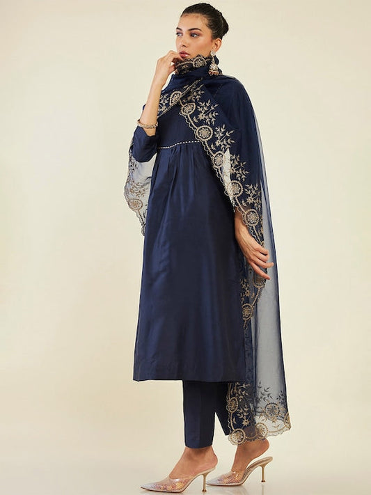 Soch Band Collar Pleated Gotta Patti Anarkali Kurta with Trousers & Dupatta - L