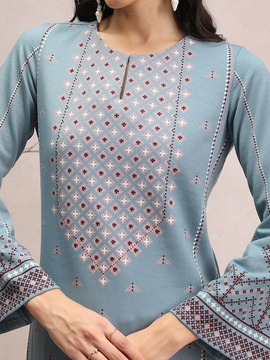 Vishudh Blue Geometric Printed Flared Sleeve Pastels Winter Straight Kurta